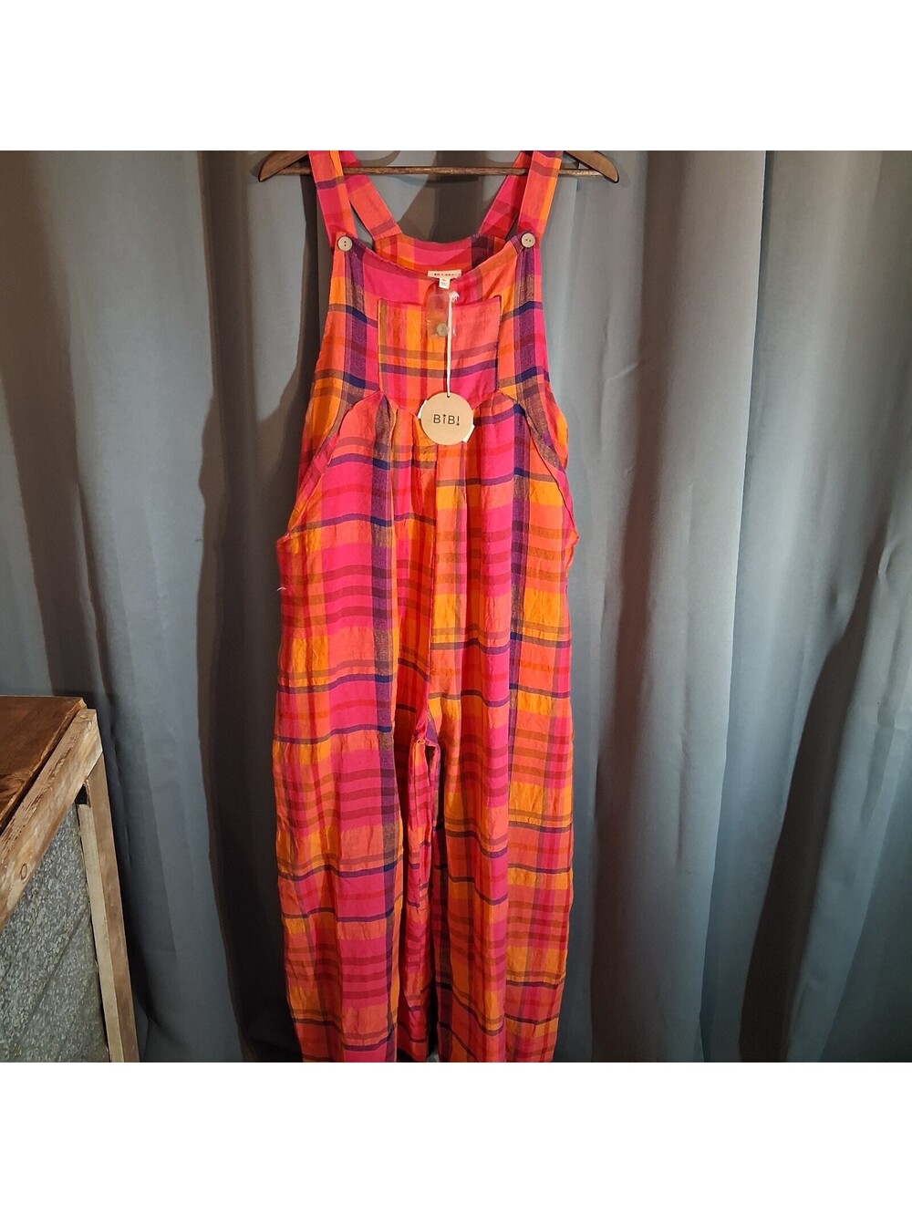 BIBI XL Pink and Orange Plaid Overalls